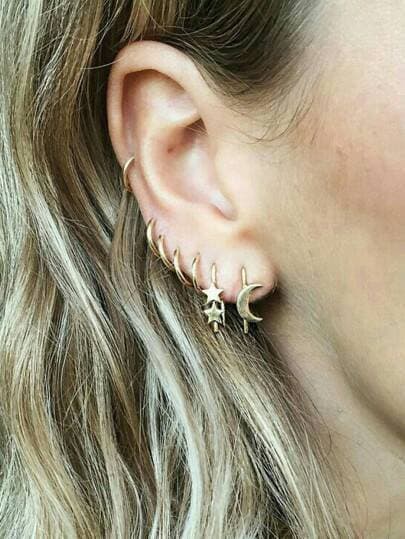 Product Pendientes de aro con diseño de luna y estrella 7 piezas