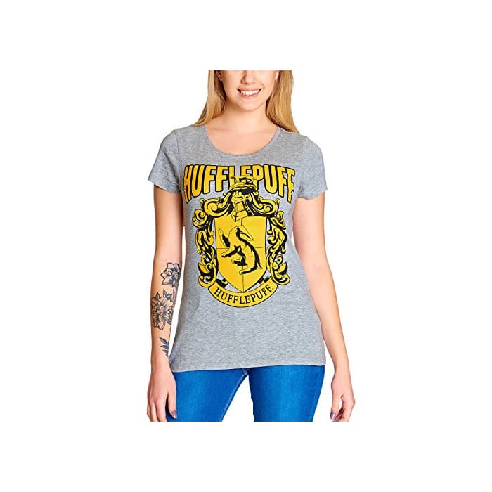 Moda Elbenwald Harry Potter Hufflepuff Camiseta de Las Señoras Emblema de Algodón Gris