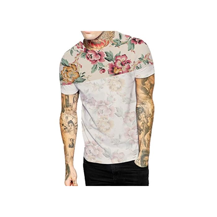 Fashion Cinnamou Camiseta de Manga Corta Estampada Flores Hombres Cuello Redondo Blusas y