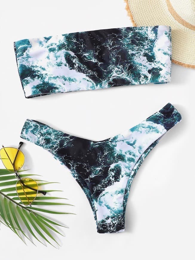 Moda Bandeau con estampado de mármol con bikini cortado alto | SHEIN ...