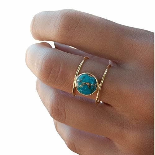 Moda Boomly Señoras Anillo Turquesa Mujer Oro de 18 Quilates Exageración Anillo Redondo