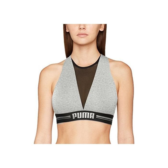 Moda Puma High Neck Bra with Mesh 1P E-Com Ropa Interior, Mujer, Grey Melange/Silver