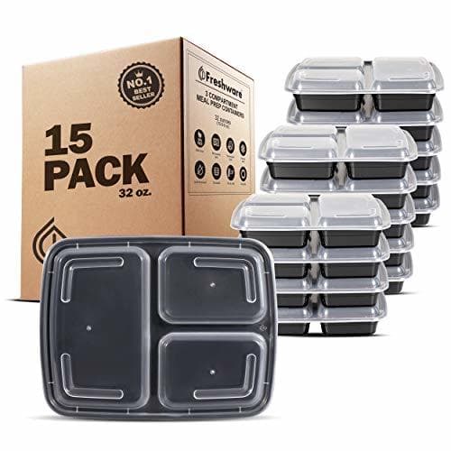 Elemento de la categoría hogar Freshware 15-Pack 3 Compartment Bento Lunch Boxes with Lids - Stackable, Reusable,