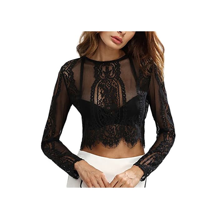 Fashion Loralie Crop Top Mujer Transparente Camisetas de Encaje Tops Corto Sexy Casual