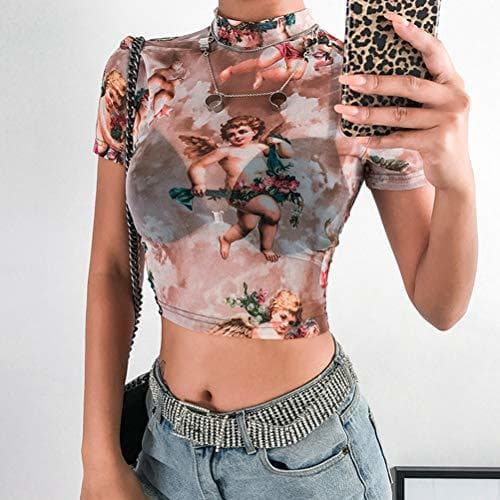 Moda Mujeres Manga Corta Falso Cuello Ángel Imprimir Sexy Sheer Mesh Crop Tops