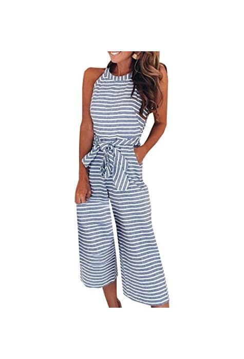 Moda Ajpguot Verano Mujer Cuello Redondo Sin Mangas Monos Rayas Mamelucos Sexy Jumpsuits