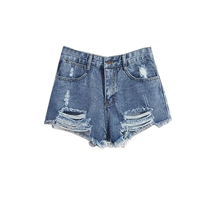 Fashion Mujer Push Up Boyfriend Cintura Alta Retro Rasgados Rotos Shorts Pantalones Cortos