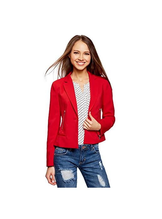 Fashion oodji Ultra Mujer Chaqueta Entallada con Cremalleras en los Bolsillos, Rojo, ES