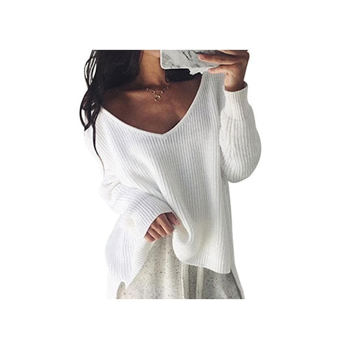 Fashion ZKOO Jerséy Mujers Irregular Oversize Suéteres de Punto Manga Larga Sin Tirantes Tejido De Punto Jerseys Suéter Pullover Otoño e Invierno Blanco