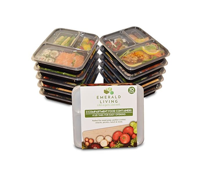 Home |10 pack| comida de 3 compartimentos Prep contenedores. Juego de Bento Box con tapas.