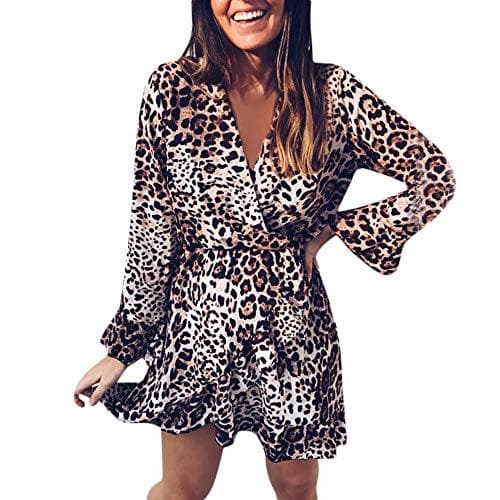 Moda Vestidos Mujer Leopardo Impreso Vestido de Largo Maxi Falda de Manga Larga