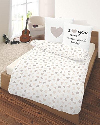 Elemento de la categoría hogar Franela fina Corazón I Love You en beige – Tamaño 80 x 80 + 135 x 200 cm – Fabricado en Alemania