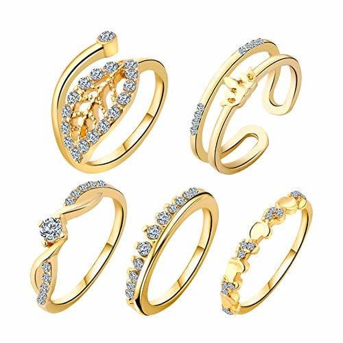 Fashion Fansi 5pcs/Set Mujeres Plata Ajustable Anillos Ensemble-Coeur Forma de Corona de feuille-