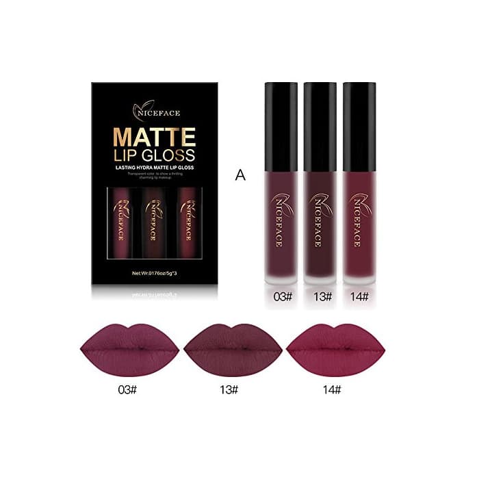 Belleza Conjunto de 3 Colores de Pintalabios Mate Larga Duracion Labial Permanente Maquillaje