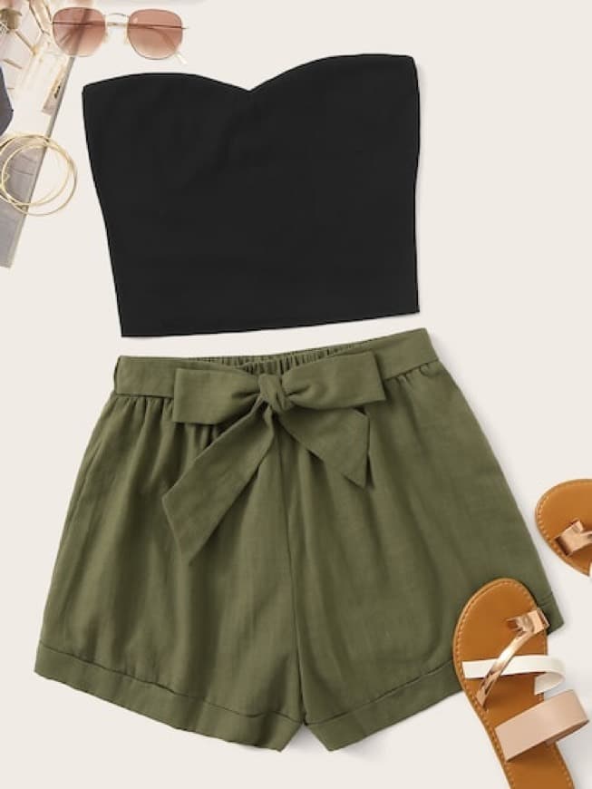 Moda Solid Tube Top & Belted Shorts Set 