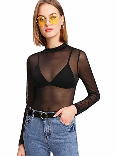 Moda SOLY HUX Mujer Transparente Mangas Largas Camiseta Blusa Elegante Moda Oficina Casual