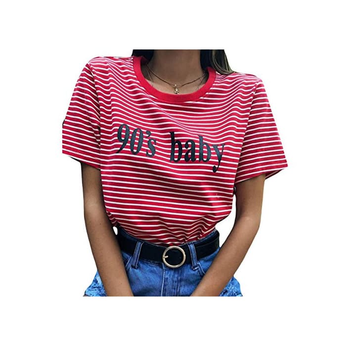 Moda Camiseta a Rayas roja y Blanca de Las Mujeres Cartas de 90's