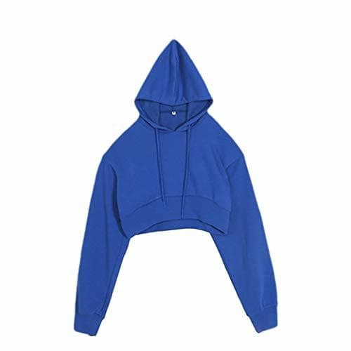 Moda CuteRose Womens Hood Cropped Casual Drawstring Pullover Outwear Sweatshirts Sapphire Blue L