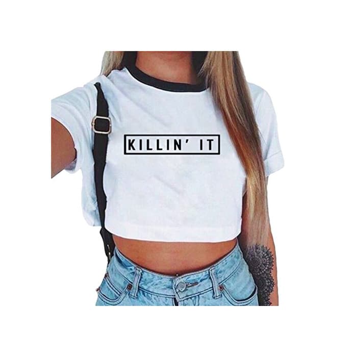 Moda Baijiaye Camiseta para Mujer Patrón Impreso Crop Top Chica Joven Casual De