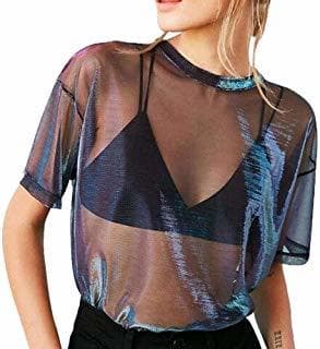 Moda Camiseta De Malla para Mujer con Brillo Metálico Atractivo para Mujer Camiseta