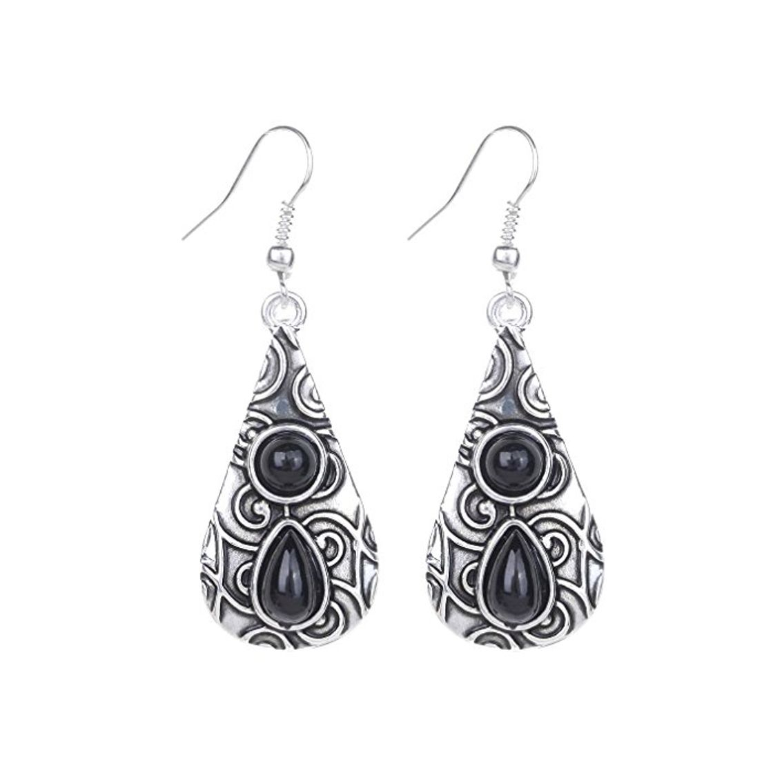 Product Yazilind vendimia de plata tibetana Negro Ronda Teardrop Resina relieve cuelgan los pendientes del gancho de la gota