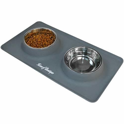 Producto Comedero para Perro o Gato de Acero Inoxidable, Dos Cuencos con Alfombra