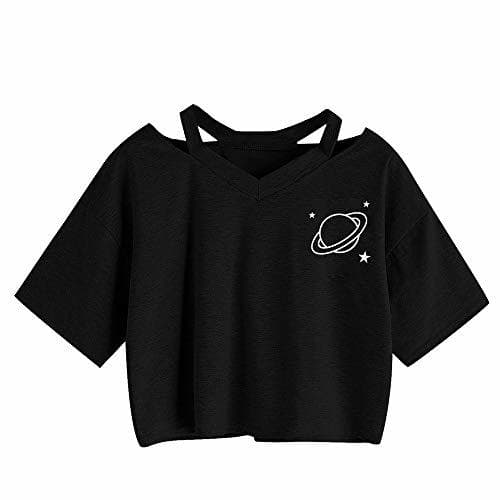 Fashion JiaMeng Camiseta Manga Corta Alta Baja para Mujer Casual Planet Impreso Tanque