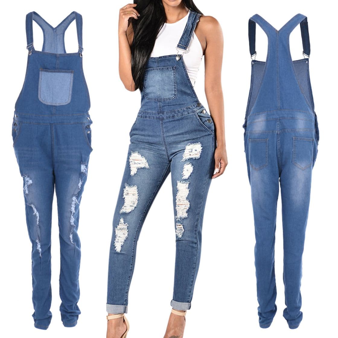 Producto Overol de Mujer Jean Monos de Mezclilla sin Mangas Delgados con Agujeros Rasgados Casuales Azul M