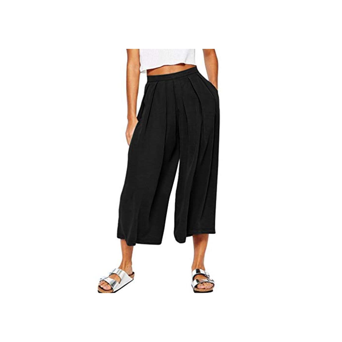 Fashion RISTHY Mujeres Ancho Pierna Palazzo Pantalones de Lino Holgados Flojos Suave Casual Verano Medio Corto Pantalón Plisado Color Sólido Pantalones de Yoga Playa Retro