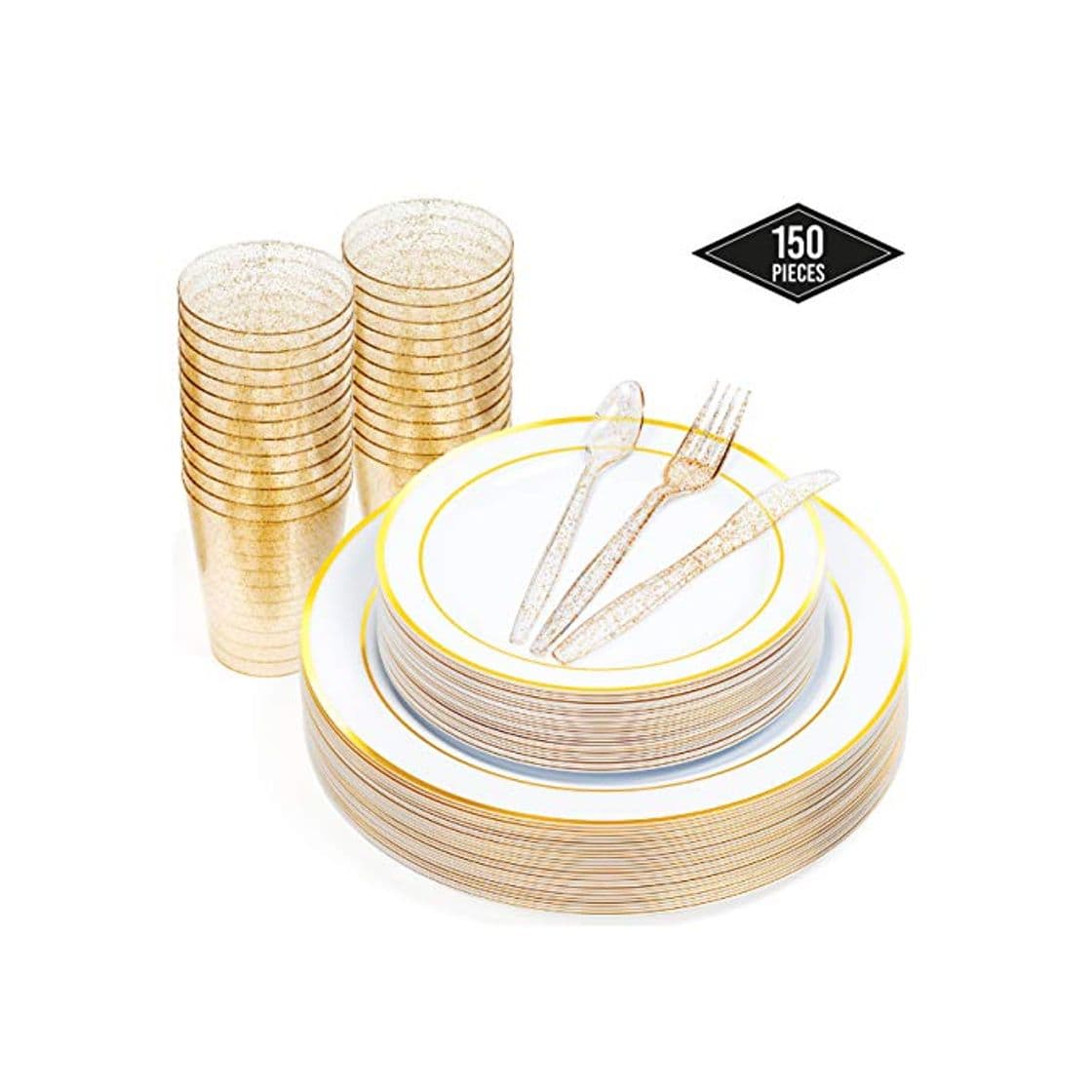 Producto 150 Piezas - 50 Elegante Platos Plástico Duro Desechables con Borde Oro