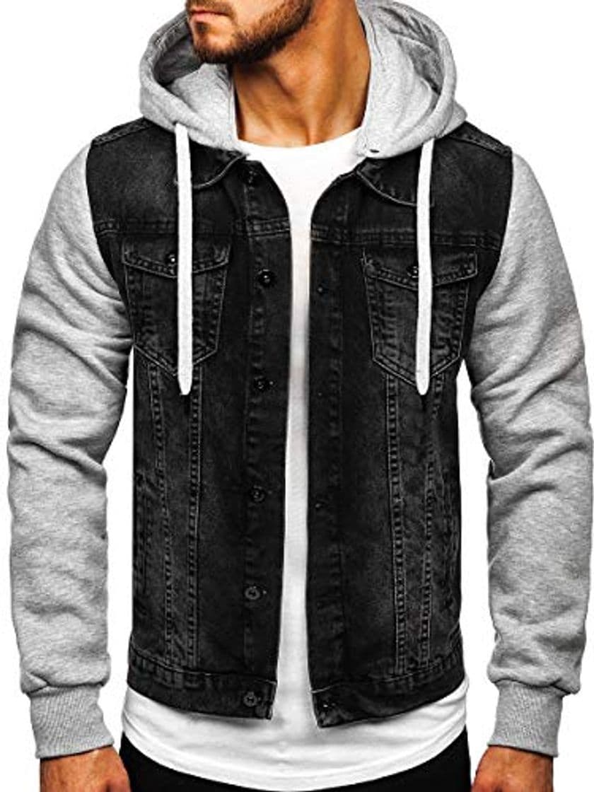 Fashion BOLF Hombre Chaqueta Vaquera Denim Chaqueta De Entretiempo con Capucha Cierre De Botones Estilo Diario RWX 211902 Negro L [4D4]