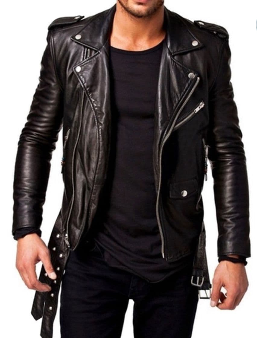 Fashion Chaqueta de cuero negra para hombre