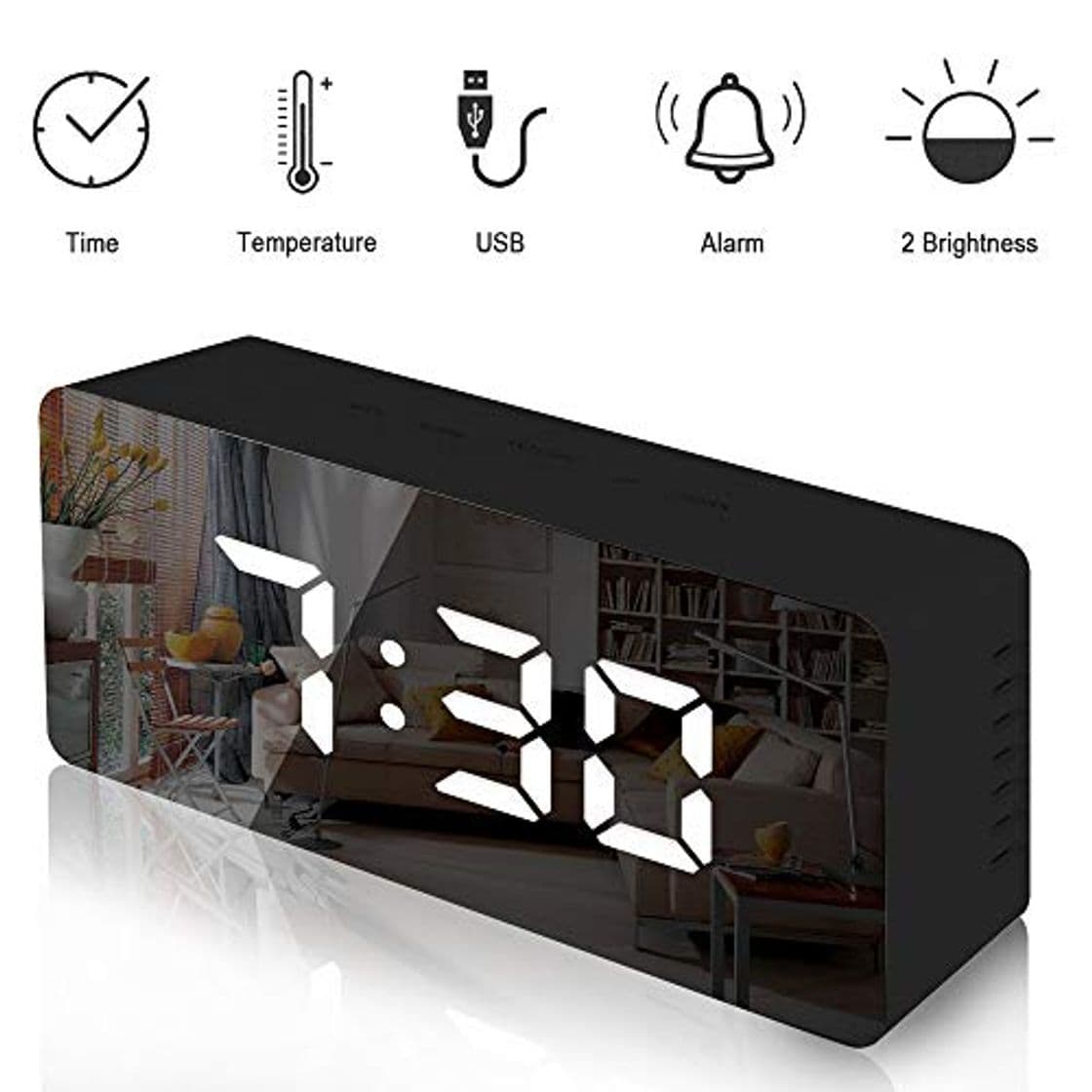 Producto Lambony Reloj Despertador con Espejo Digital con Pantalla LED de Temperatura, Tiempo