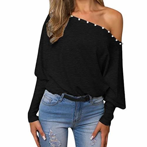 Moda Baggy Camisetas Mujer Manga Larga Otoño Invierno Color Sólido Blusa Hombros Descubiertos