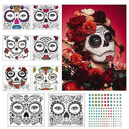 Producto Tatuaje cara temporales Halloween ZERHOK 8pcs etiqueta Mascarada diseño cráneo con gemas