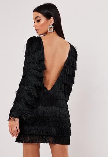 Moda Black Tassel V Back Fringe Shift Dress | Missguided