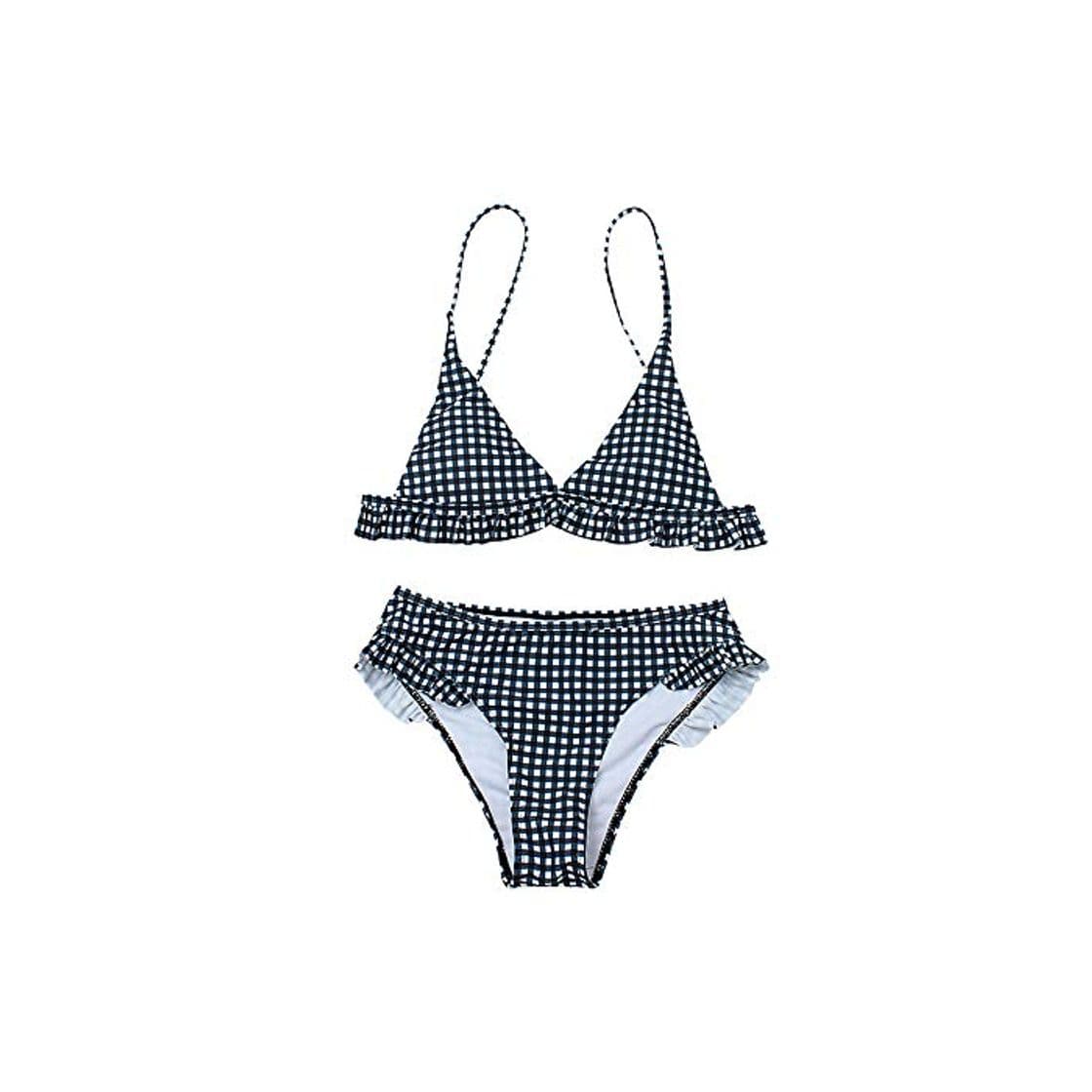 Producto CheChury Conjunto de Bikini con Relleno Push Up Triangular Tartán Sexy Retro Brasileños Mujer Traje De Baño Bikini Mujer Dos Piezas Tartán Cuello Halter Volante Volantes Acolchado Bra Push up