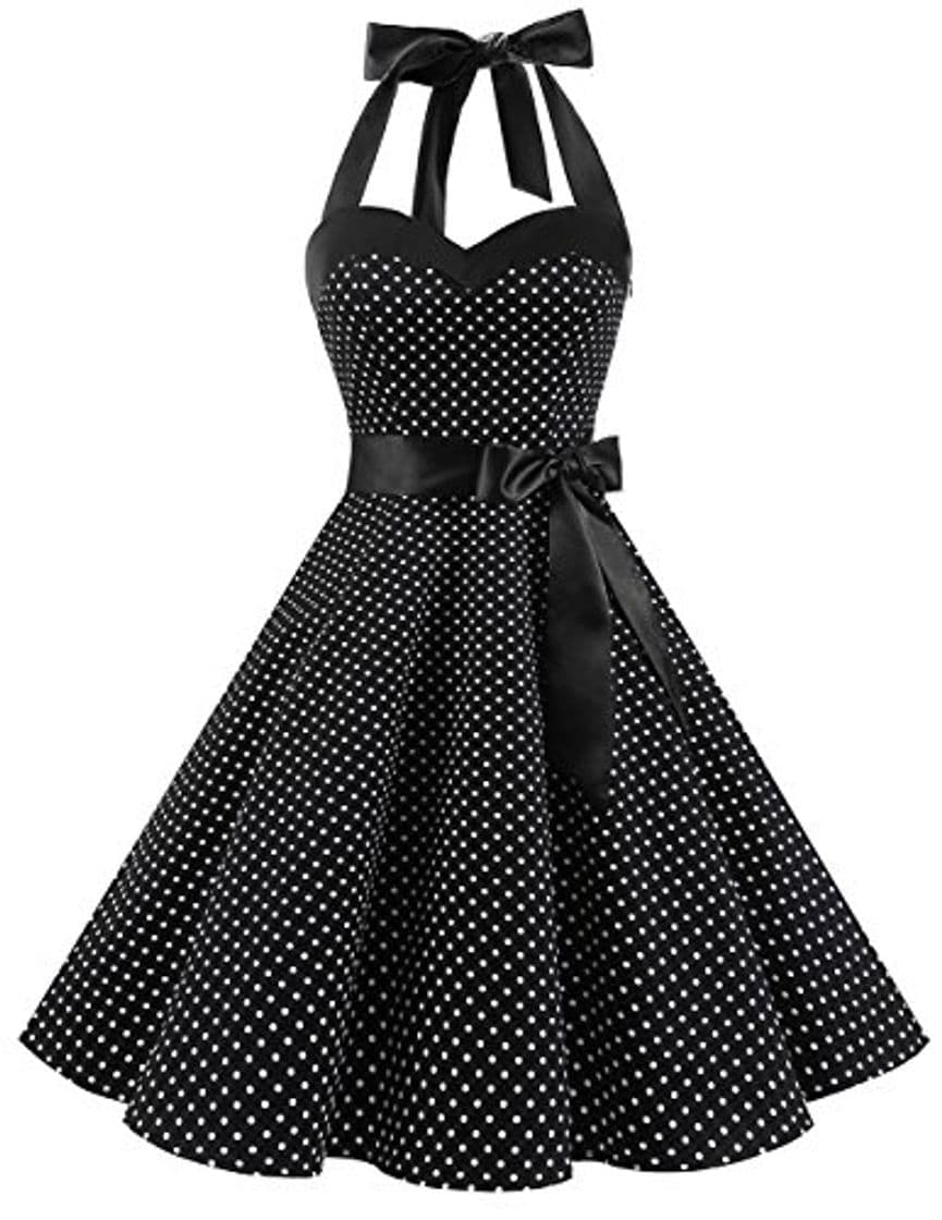 Moda Dresstells® Halter 50s Rockabilly Polka Dots Audrey Dress Retro Cocktail Dress Black