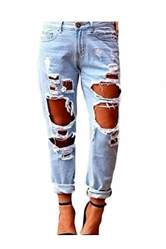 Fashion Zonsaoja Mujer Vaqueros Agujero Rotos Casual Suelto Denim Pantalones Jeans Lightblue S