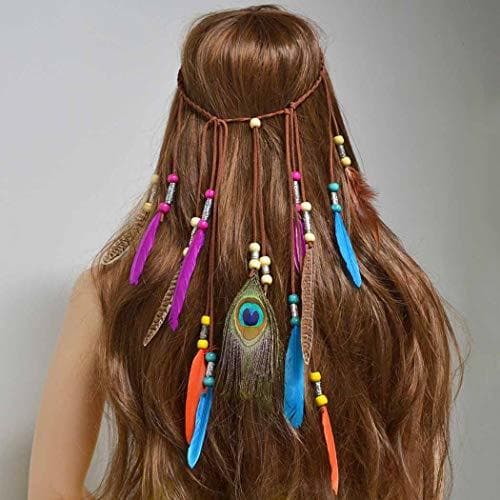 Product Simly Boho Diadema de plumas Hippie indio diadema 1920s Pluma Cabeza Cadena