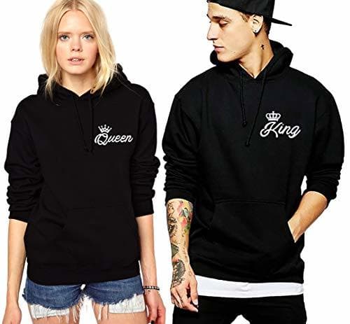 Moda Pareja King Queen Sudaderas con Capucha Manga Larga Encapuchado Jersey Pull-Over para