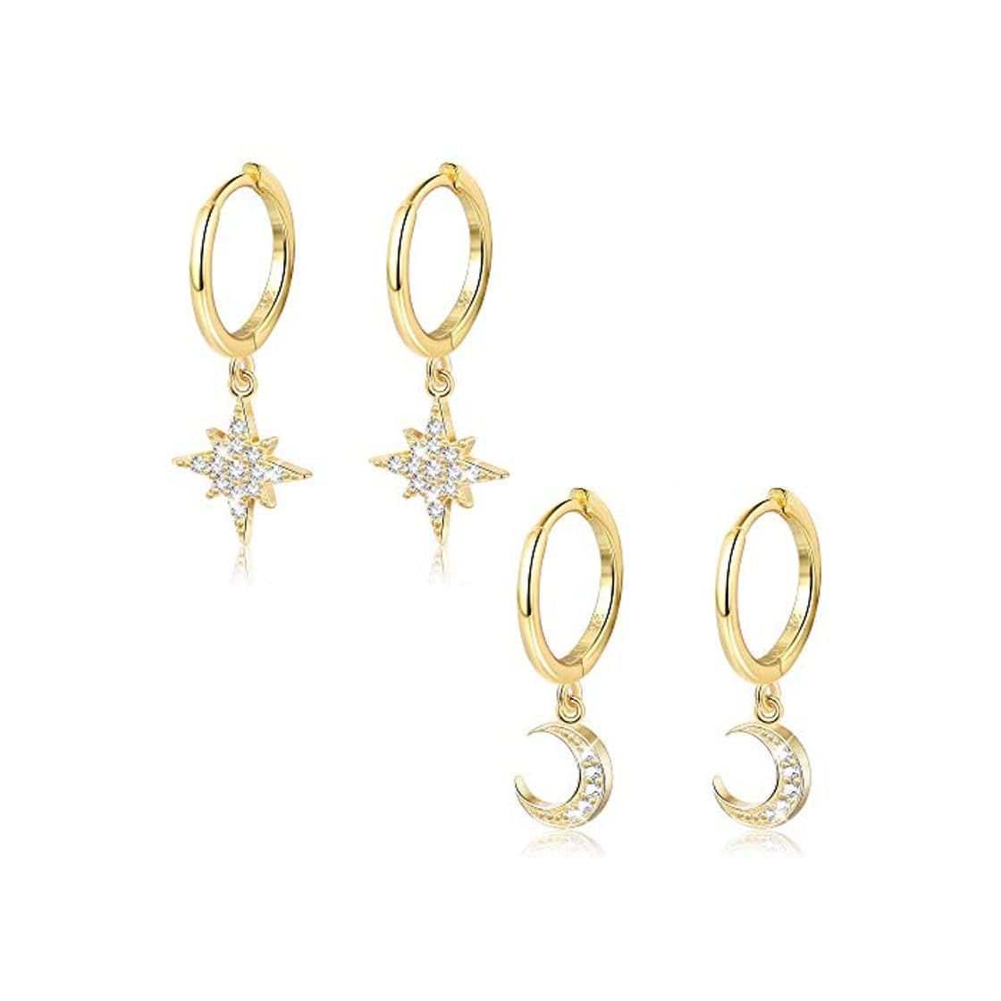 Product Milacolato 2 Pares de Plata de Ley 925 Moon Star Cuelga el Pendiente de Aro CZ Drop Huggie Cartilage Cute Earring Set para Mujer