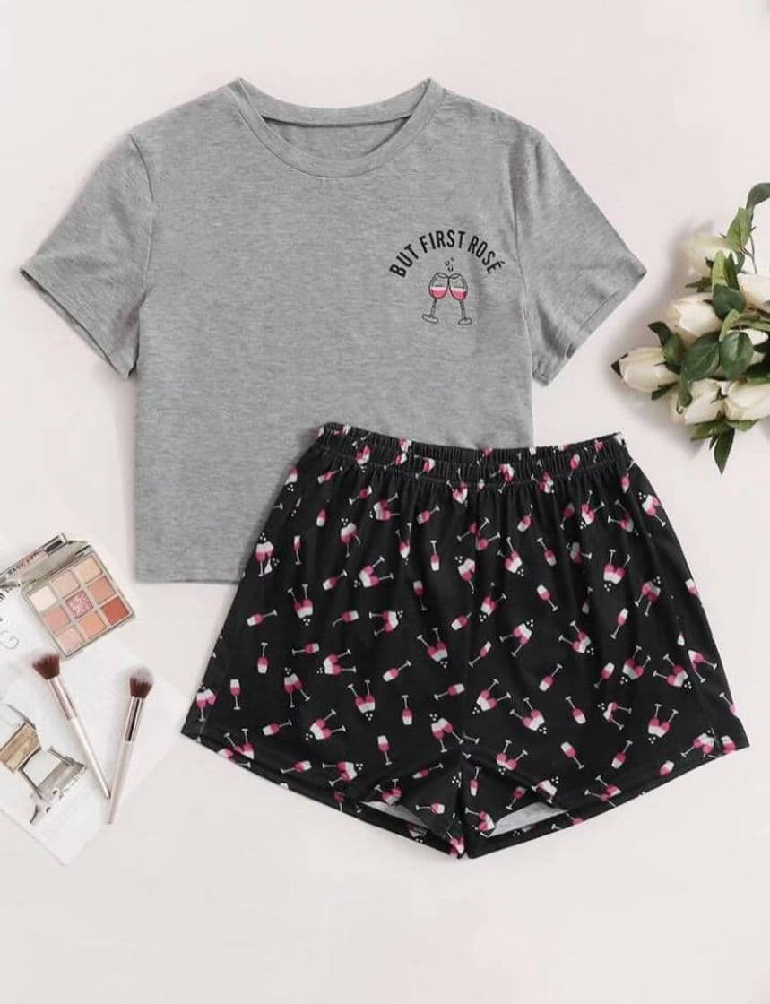 Fashion Conjunto de pijama con estampado de vino Shein