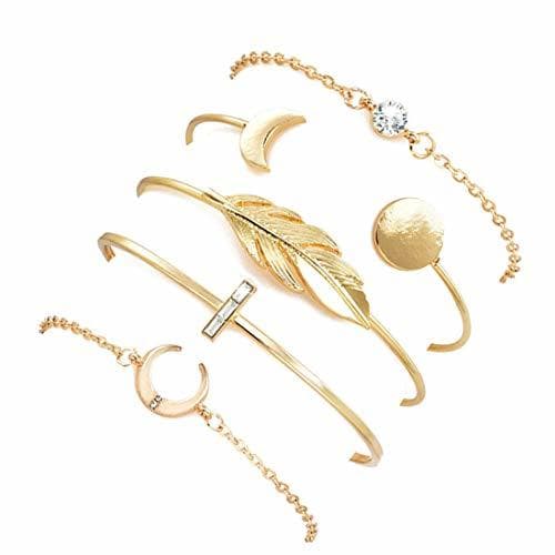 Moda YooAi 5 Piezas Hoja Luna Pulseras Brazalete Abierto Conjunto para Mujeres G