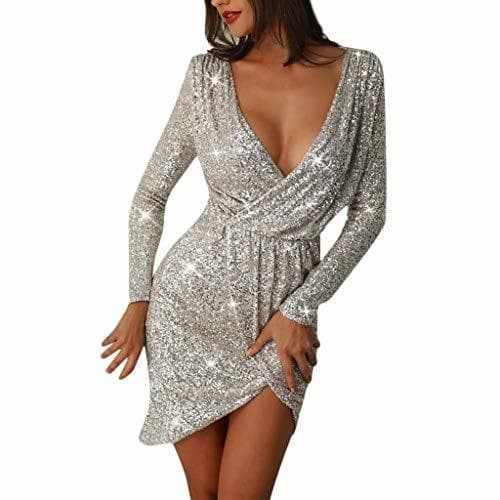 Moda Lenfesh Mujer Vestido de Manga Larga con Lentejuelas Bodycon Dress Vestido Ajustado