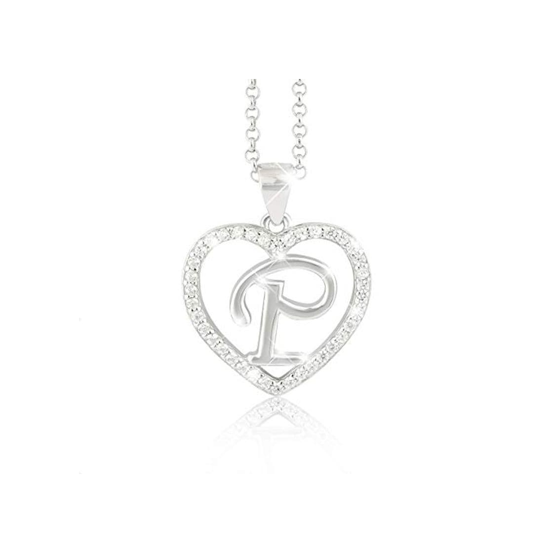 Product PAVEL´S collar de cadena con colgante letra P de plata real chapada en rodio 925 en forma de corazón rodeada de numerosas piedras de circonio cúbico embaladas en un joyero de alta calidad con certific