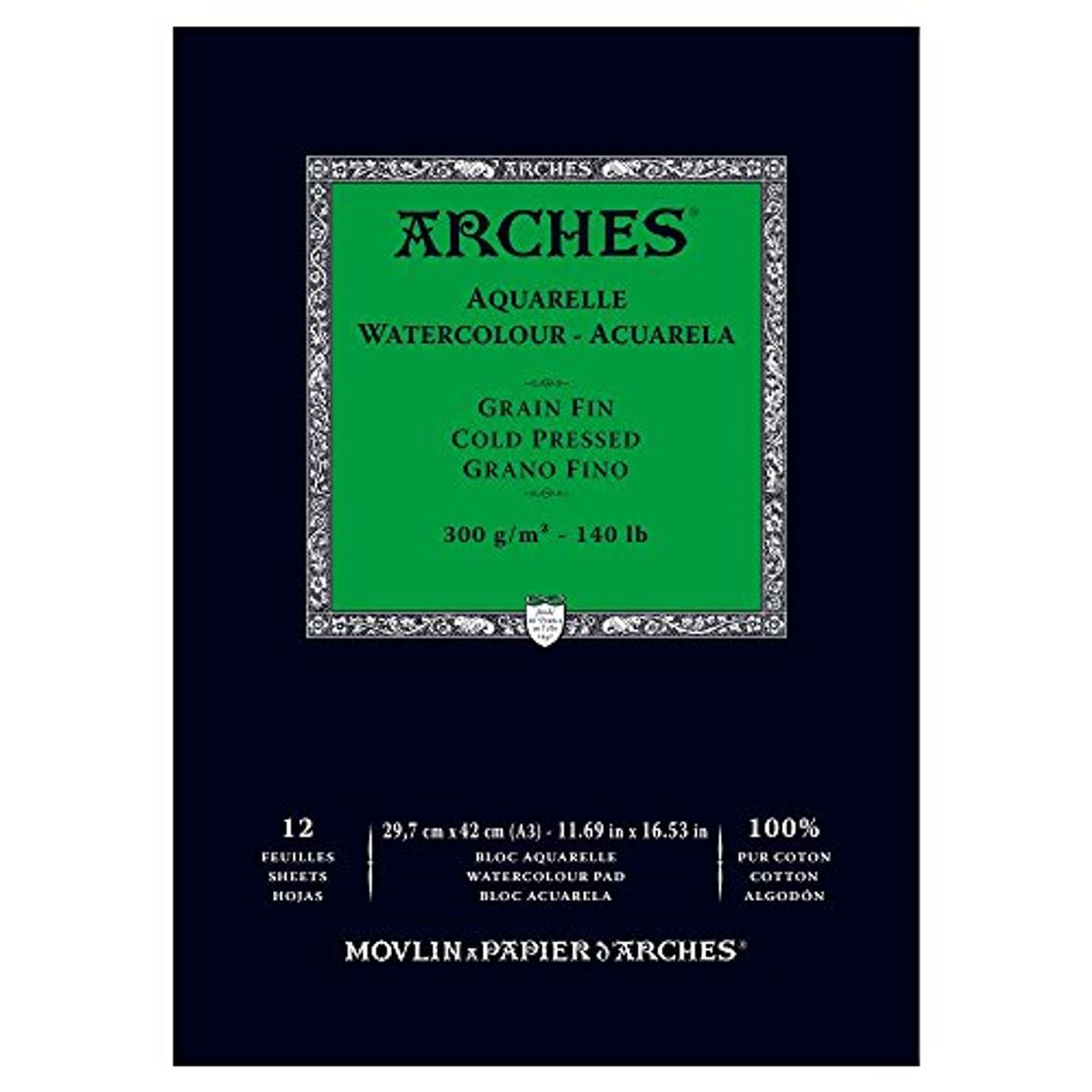 Product Arches - Papel de acuarela, bloc 12 hojas engomado 1 lado, grano