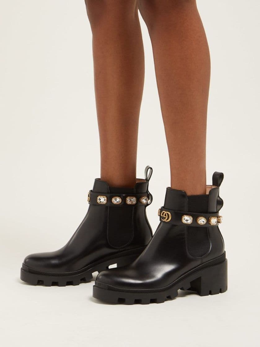 Fashion Black Leather Ankle Boot With Belt & Crystals | GUCCI® US