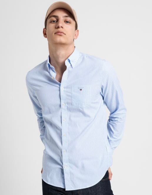 Fashion Camisa em popelina às riscas finas regular fit Capri Blue ... - GANT