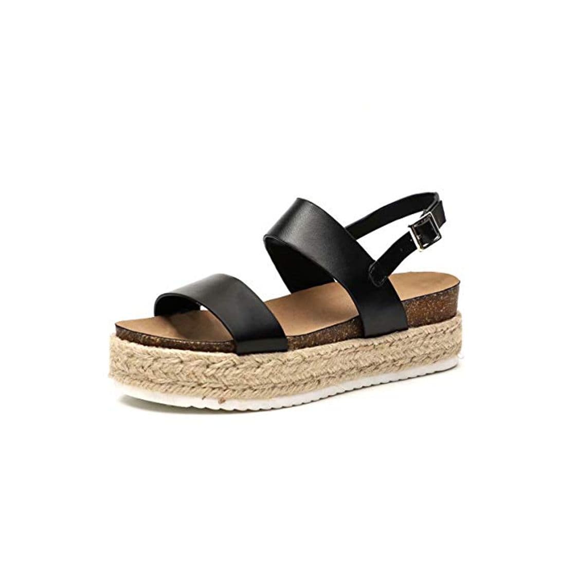 Product Sandalias Mujer Cuña Piel Plataformas Alpargatas Punta Abierta 5 CM Tacon Verano Tobillo Hebilla Zapato de Playa Moda Fiesta Negro 35